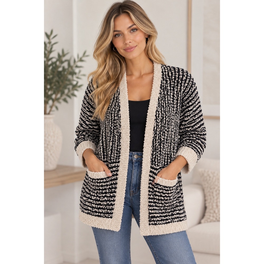 Bobeau Women XL Black Ivory Striped Popcorn Knit Open Front Cardigan NWT